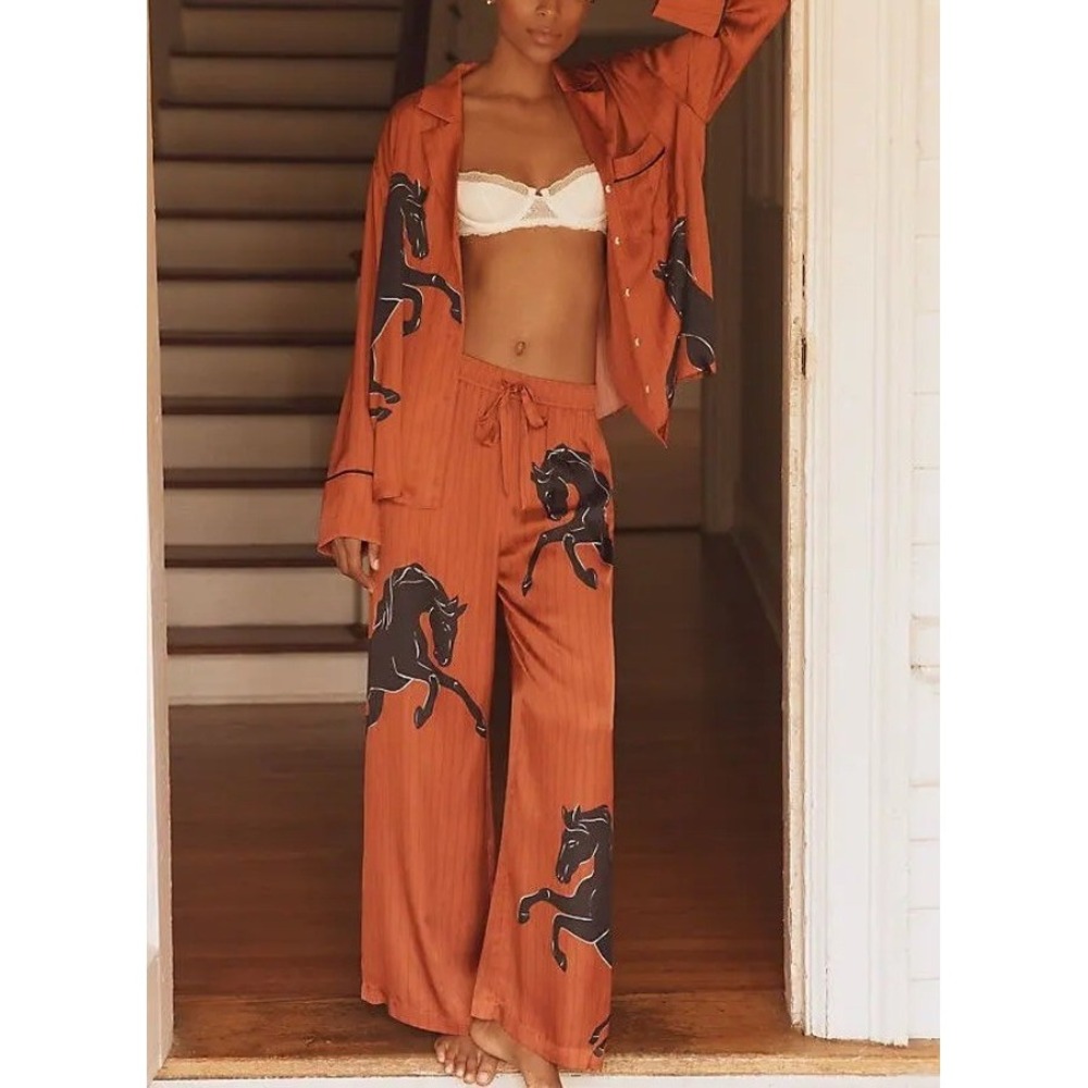 Lyrebird Neela Overd Rust Horse Print Silky Wide Leg Pajama Pants Small
